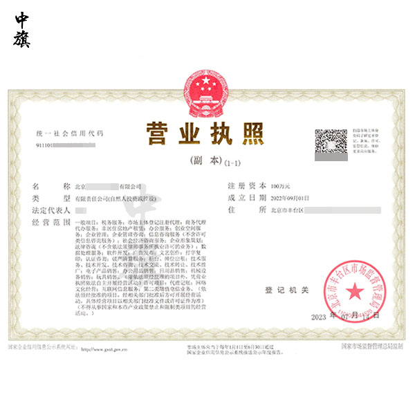 北京企業(yè)的營業(yè)執(zhí)照電子版，辦理后就是這樣的，副本需要懸掛哦